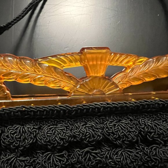 Popcorn Crochet Black Shoulder Purse With Celluloid Frame And Chain Vintage Boho - Picture 4 of 10